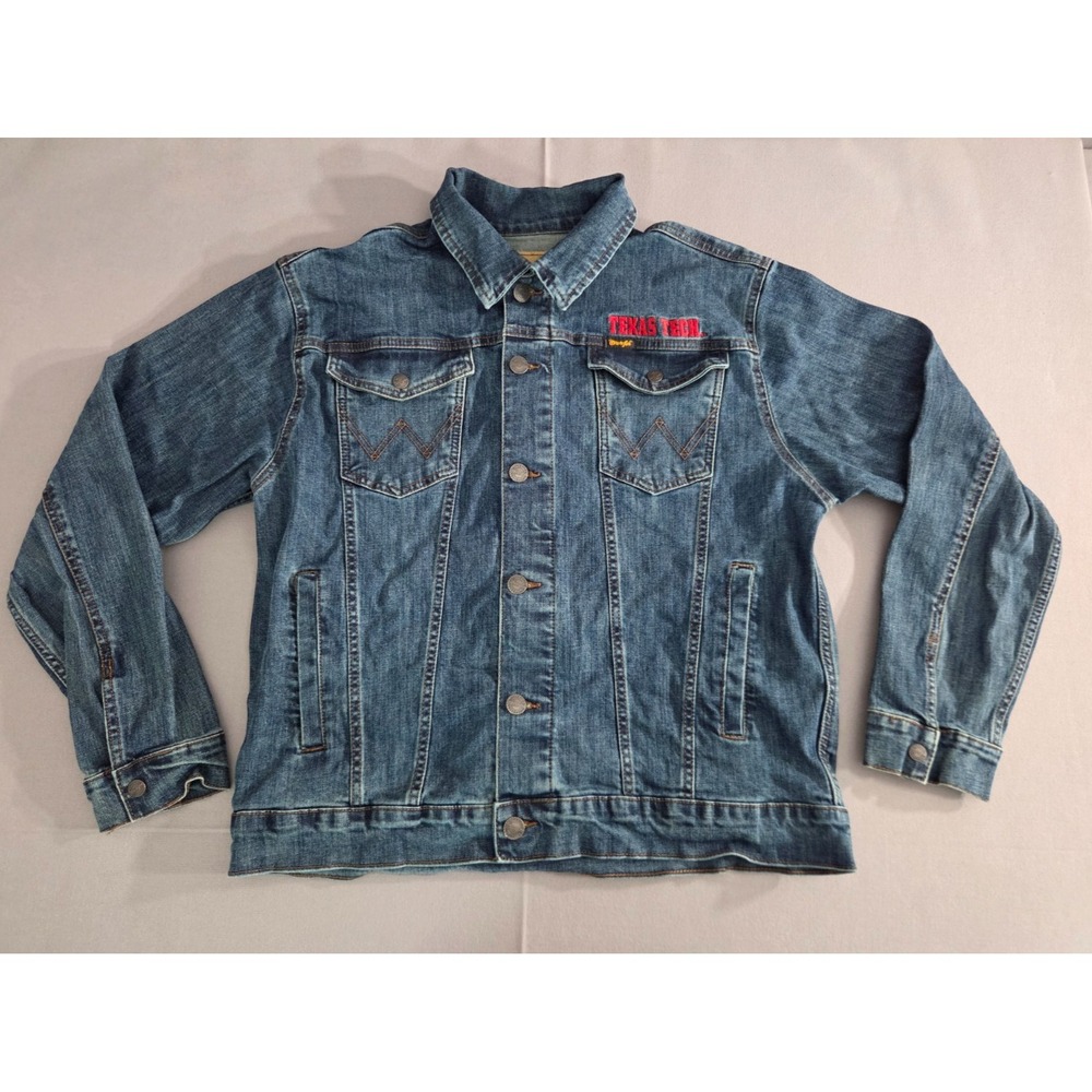 Wrangler Jean Jacket Mens Large Blue Denim Retro Texas Tech Embroidered Western